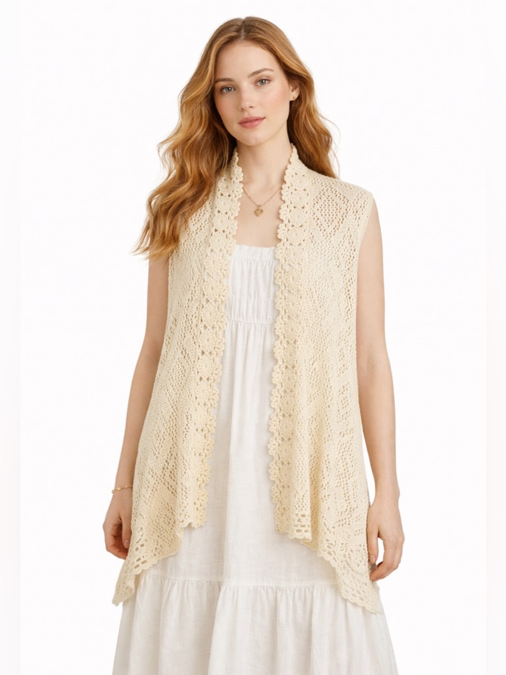 Rebecca Elliot Cottagecore Boho Tan Crochet Knit Open Front Vest Cardigan Small